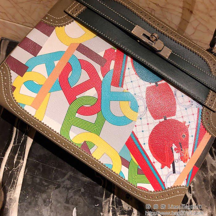 HERMES愛馬仕 凱莉包 kelly 32cm 拼接印花圖案 時尚手提包  Ama1408